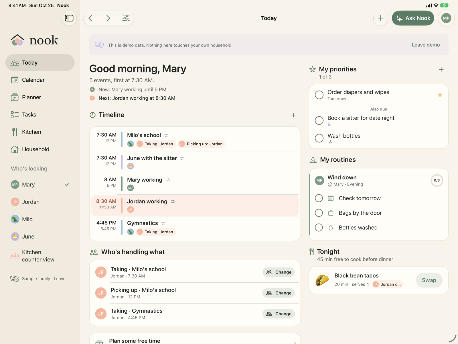 Today on iPad: the family's day, who's handling what, and tonight's dinner on one screen.