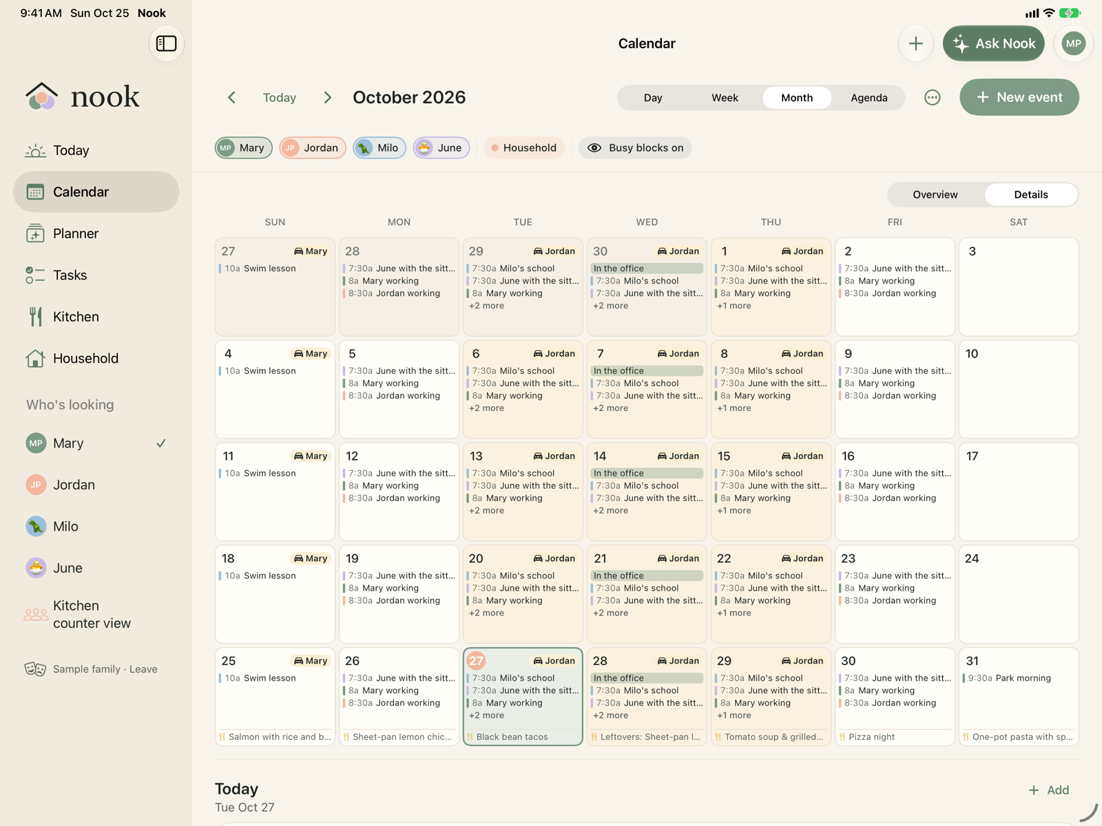 The month view on iPad, with each person's events in their own colour.