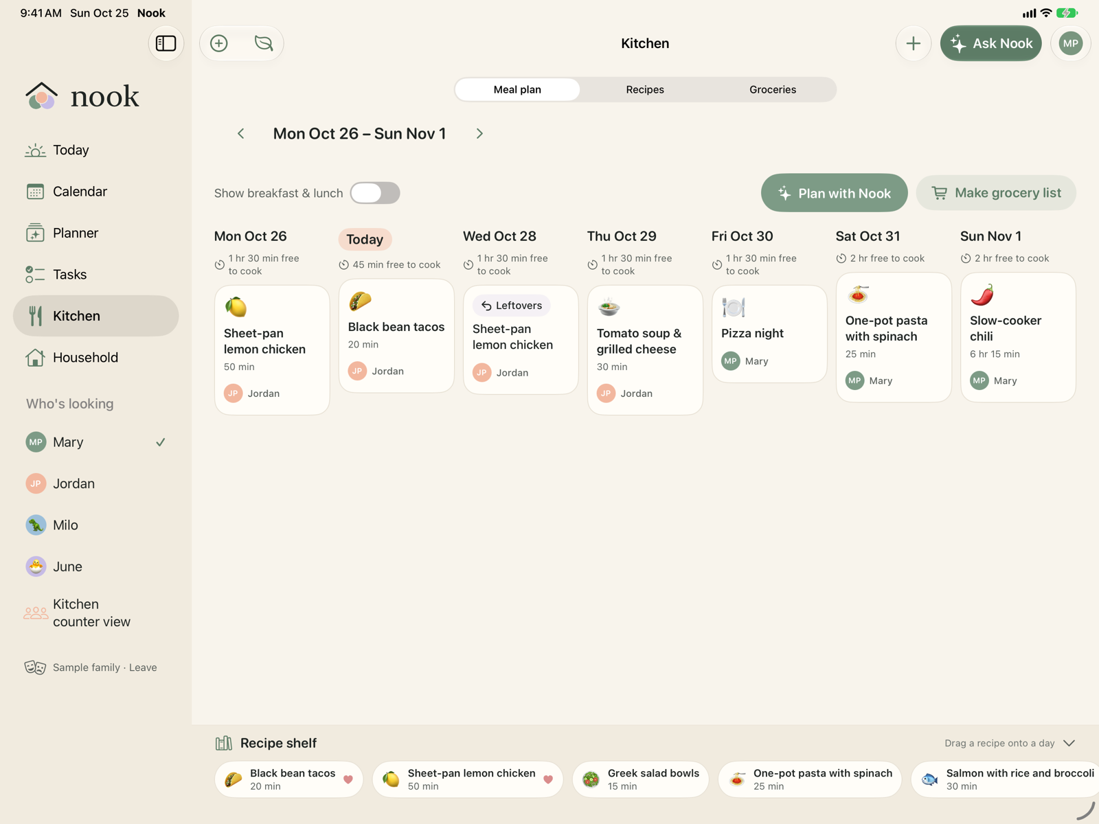 The kitchen on iPad: the week's meal plan beside the grocery list.