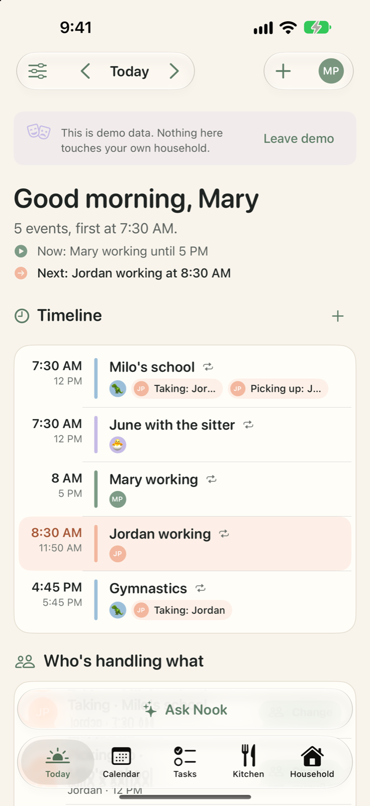 Today on iPhone: a greeting for Mary, what's on now and next, and a timeline with who is taking and picking up.
